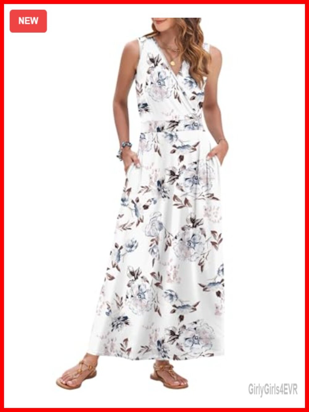 Women's Sleeveless Maxi Dress V-Neck Wrap Waist A-Line Pockets Beach Vacation